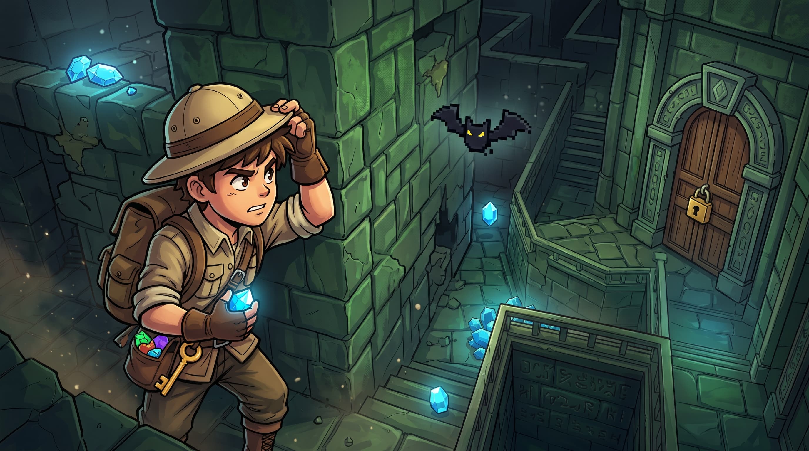 Gem & Go gameplay: an adventurer exploring a maze.